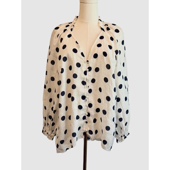 Maeve Anthropologie Linen Shirt Medium Blue Polka Dot Relaxed Button Dow Career - Picture 4 of 13